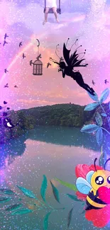 Dreamlike fantasy scene with fairy, magical creatures, and vibrant colors.