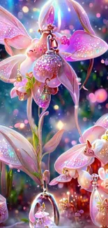 Magical floral wallpaper with fairies and sparkling lights.