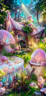 Magical fairy cottage with pink hues and mystical forest setting.