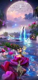 Fantasy landscape with fairies and flowers in a moonlit waterfall scene.