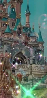 A dreamy fairytale castle with sparkling lights and bubbles.