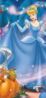 Magical scene with princess in blue gown and enchanting elements.