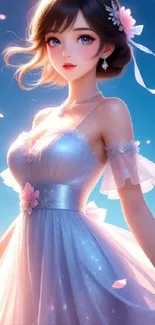 Graceful anime character in a magical, fantasy scene with vibrant colors.