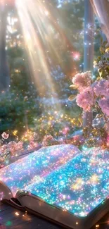 Open magical book with sparkles by the window.