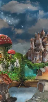 Fantasy castle and whimsical houses under a starlit sky.