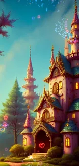 Whimsical fantasy castle under blue sky.