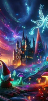 Gnome watches a mystical castle with glowing mushrooms and magical creatures at night.