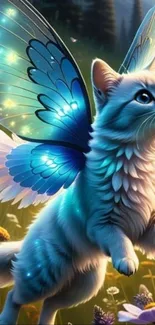 Fantasy cat with fairy wings in a meadow.