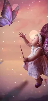 A magical fairy child reaching for a butterfly with winged fantasy art.