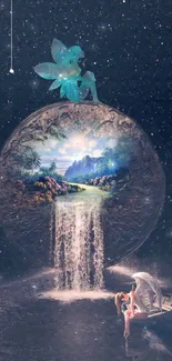 Fantasy wallpaper with fairy, waterfall, and starry sky.