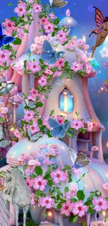 Enchanting fantasy wallpaper with castles, flowers, and magical creatures.