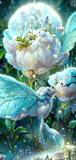 Mystical glowing flowers with fairy wings in a magical fantasy setting.