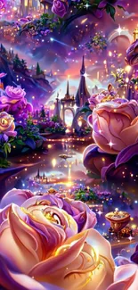 Magical fantasy garden with purple roses and golden accents.