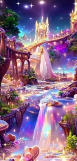 Magical fantasy wallpaper with castles and waterfalls.