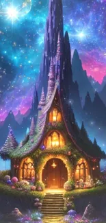 Magical house with starry sky and mountains wallpaper.