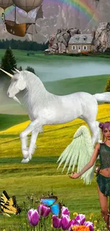 Fantasy landscape with unicorn and fairy in vibrant green setting.