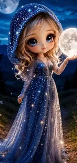 Fantasy character holds moon under a starry sky.