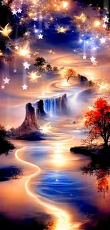 Fantasy nightscape with stars, a glowing waterfall, and vibrant colors.