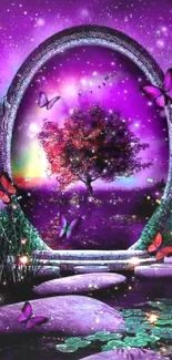 Magical portal with butterflies and tree in a vibrant fantasy landscape.