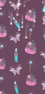 Whimsical mobile wallpaper with magical potions and butterflies on a purple background.