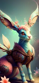 Magical rabbit in a fantasy setting with intricate designs and enchanting flora.