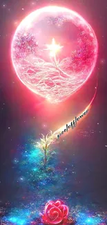 Fantasy wallpaper with glowing rose and celestial sphere.