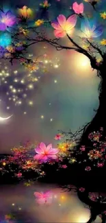 Whimsical tree with colorful flowers under a crescent moon in a fantasy landscape.