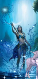 Fantasy woman with unicorn in a magical blue scene wallpaper.