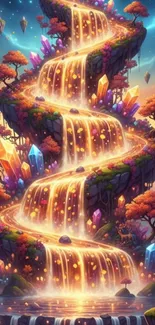 Magical fantasy waterfall with glowing crystals and autumn hues.