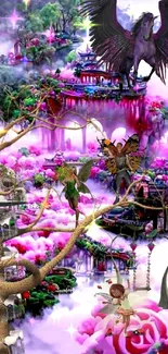 Magical pink fantasy world with mythical creatures.