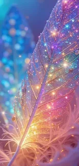 Colorful magical feather glowing with sparkles.