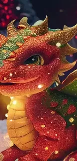 Festive red dragon in winter wonderland with holiday lights.