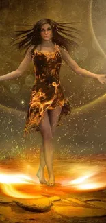 Magical woman in fiery, mystical scene with vibrant hues.