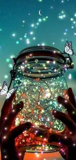 Hands holding a glowing jar with butterflies, under a starry sky.