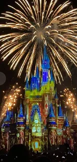 Colorful fireworks over a castle under a dark night sky.