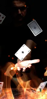 Floating playing cards in a dark, magical setting with hand illusion.