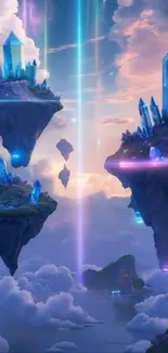 Enchanting floating islands with glowing crystals under cloudy sky.