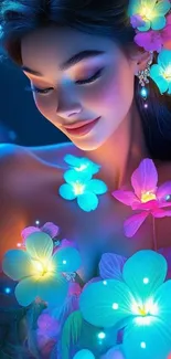 Woman surrounded by neon glowing flowers.