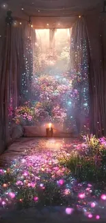 Enchanting room with glowing flowers and candlelight, creating a magical dreamscape.