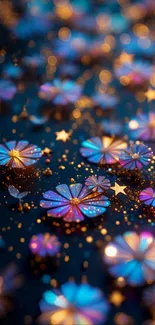 Iridescent flowers and stars mobile wallpaper with a magical touch.