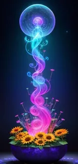 Magical glowing energy swirl with vibrant flowers on cosmic background.