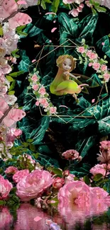 Whimsical fairy surrounded by pink flowers and green foliage in a fantasy setting.