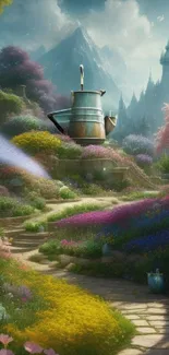 Fantasy landscape with flowers, a teapot, and mountain view.