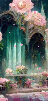 Enchanted garden with pink flowers in a mystical, arch-filled setting.