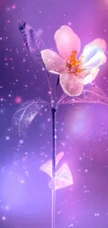 Purple fantasy floral wallpaper with glowing flowers.