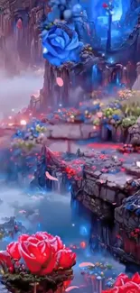 Magical fantasy wallpaper with red roses and blue hues in a surreal landscape.