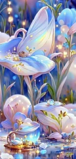 Magical fantasy flowers glowing in serene blue tones.