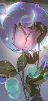 A magical rose in a cosmic bubble with shimmering stars on a mobile wallpaper.