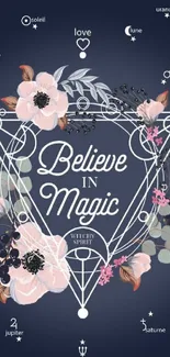 Geometric floral wallpaper with cosmic elements and 'Believe in Magic' text.