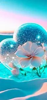 Crystal heart with flowers on beach wallpaper.